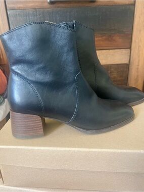 Lucky Brand Black Leather Ankle Boots with Stacked Wood Heel